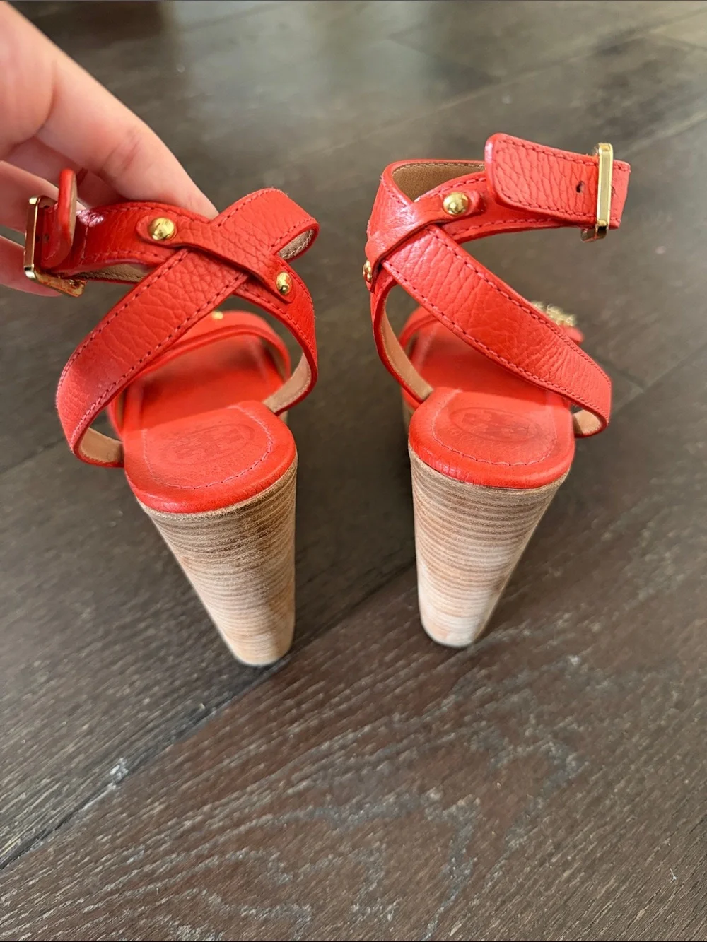 Tory Burch Red-Orange Leather Ankle-Strap Wedge Sandal Size 7